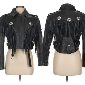 Vintage FIRST Wild West Moto Biker 100% Hard Leather Jacket Fringe Rock Women M